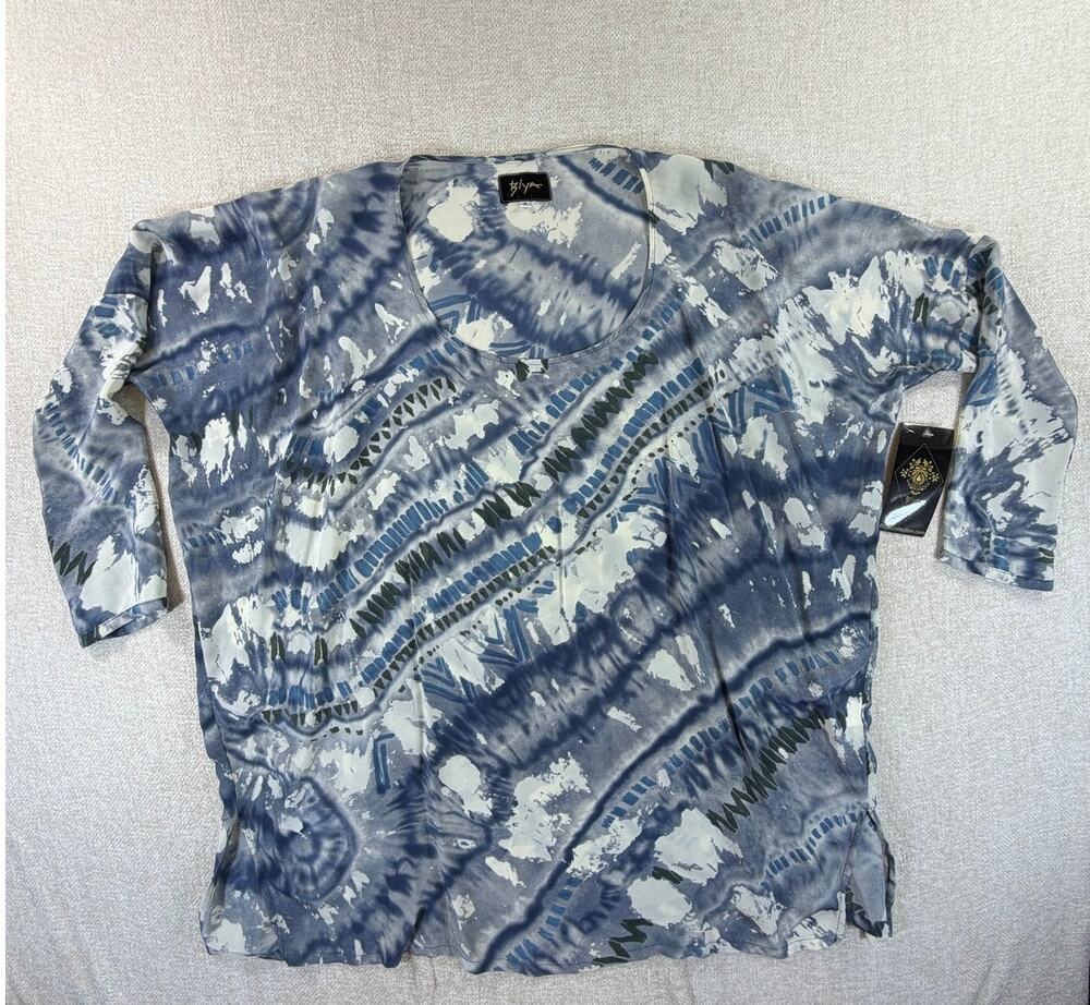 Biya Johnny Was Women's Small Blue 100% Silk Tie Dye Boho Long Sleeve Tunic Top